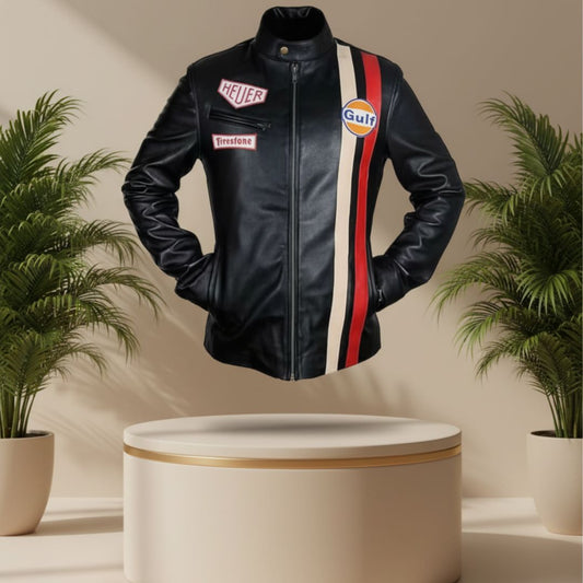 Men’s Steve McQueen Le Mans Leather Jacket – Multi-Color Gulf Stripes Racing Biker Jacket