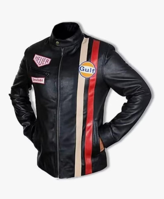 Men’s Steve McQueen Le Mans Leather Jacket – Multi-Color Gulf Stripes Racing Biker Jacket